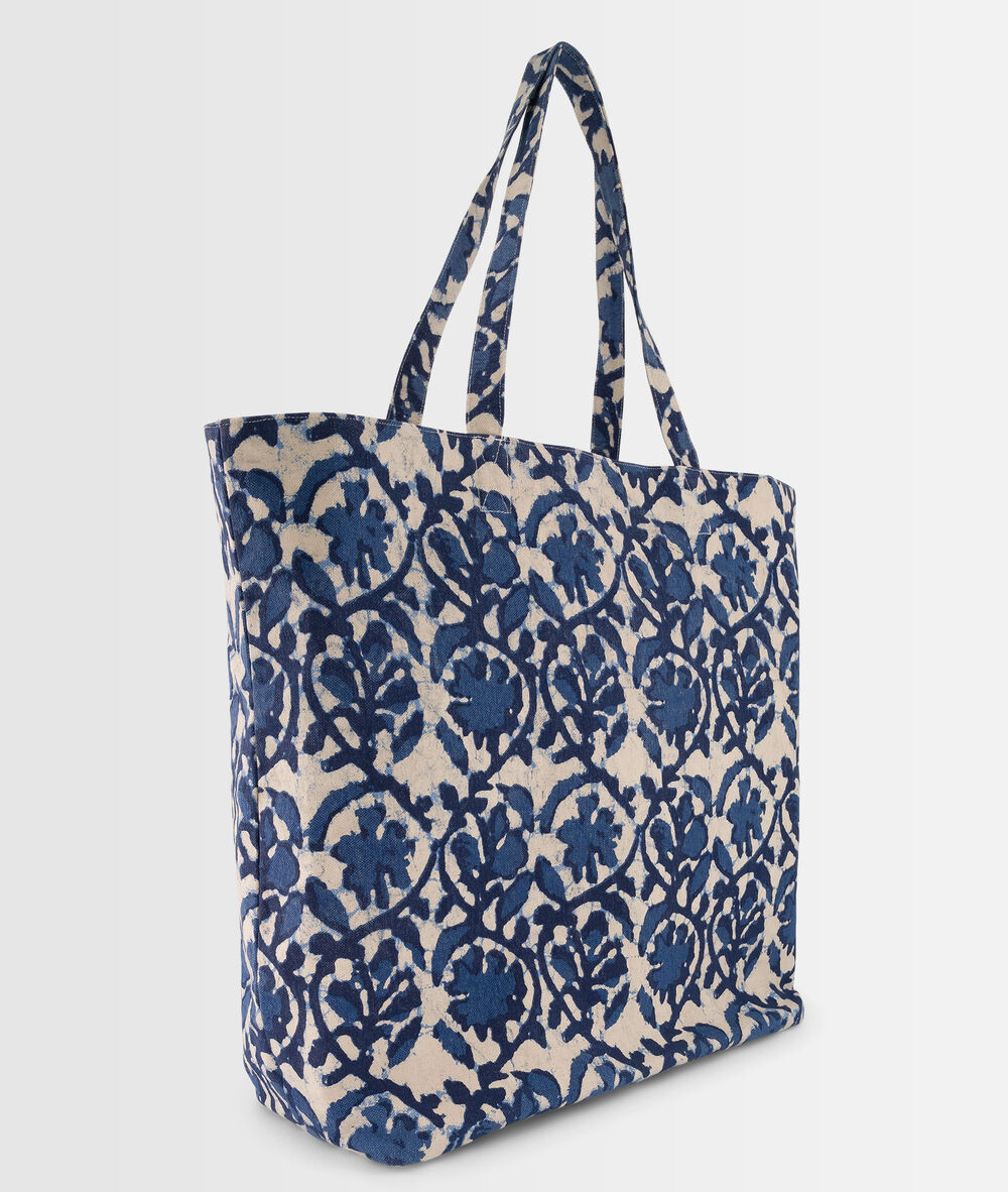 Grand cabas imprimé bleu en coton magnolia ecru.