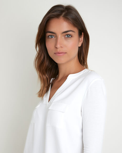 Tee-shirt écru bimatière col tunisien genna ecru.