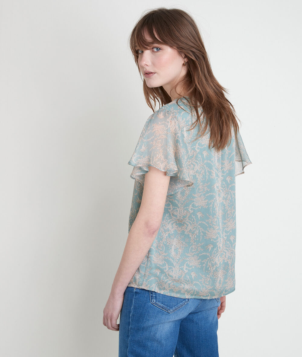 Blouse imprimée à volants elou amande.