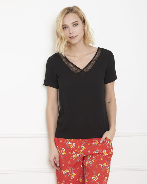 Blouse noire bimatière dentelle vaine noir.