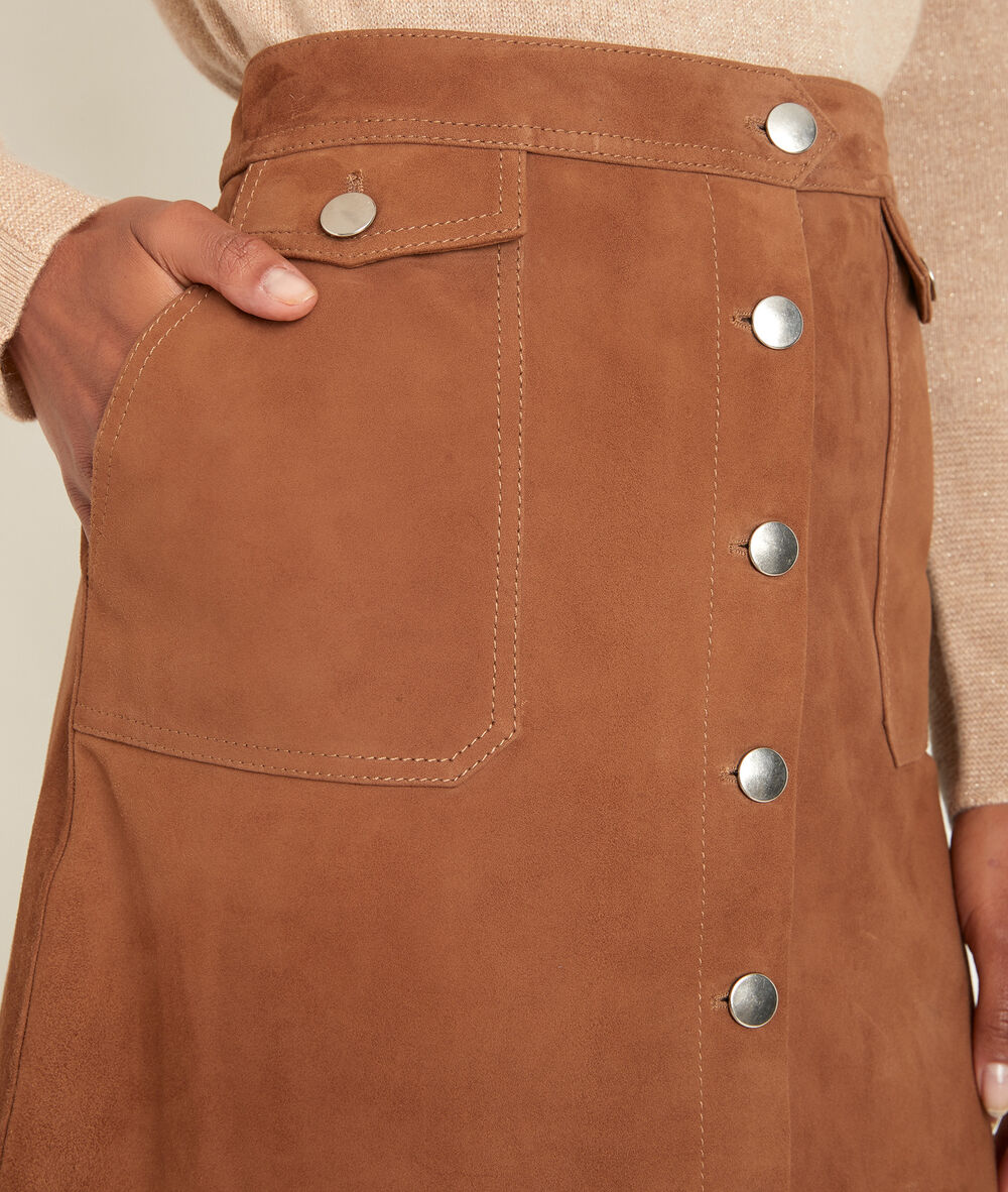 Jupe en cuir velours camel ambre camel clair.