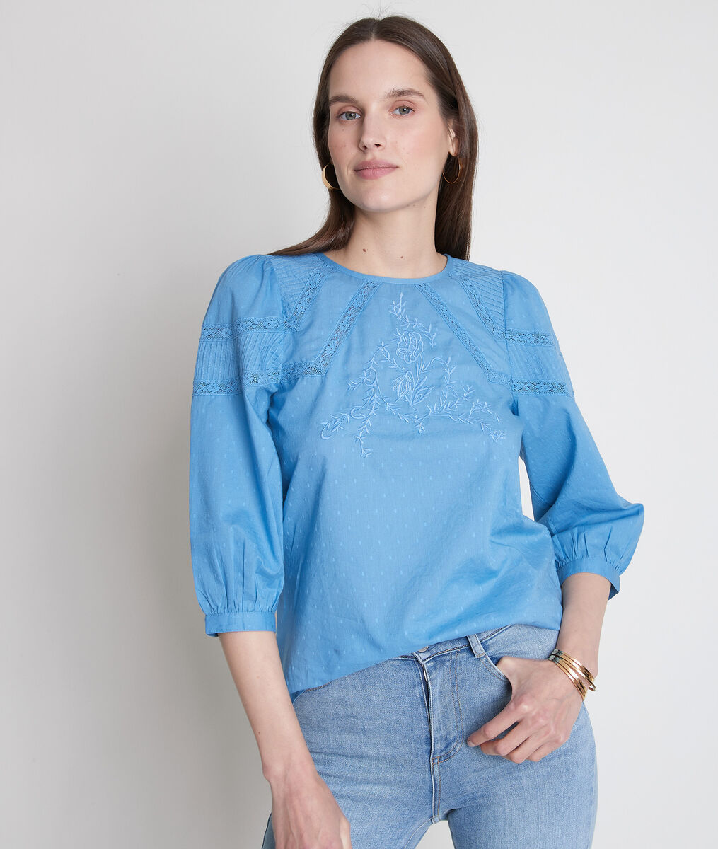 Blauwe katoenen blouse met borduurwerk Amelie | 1-2-3 Blauwe katoenen blouse met borduurwerk Amelie PhotoZ | 1-2-3