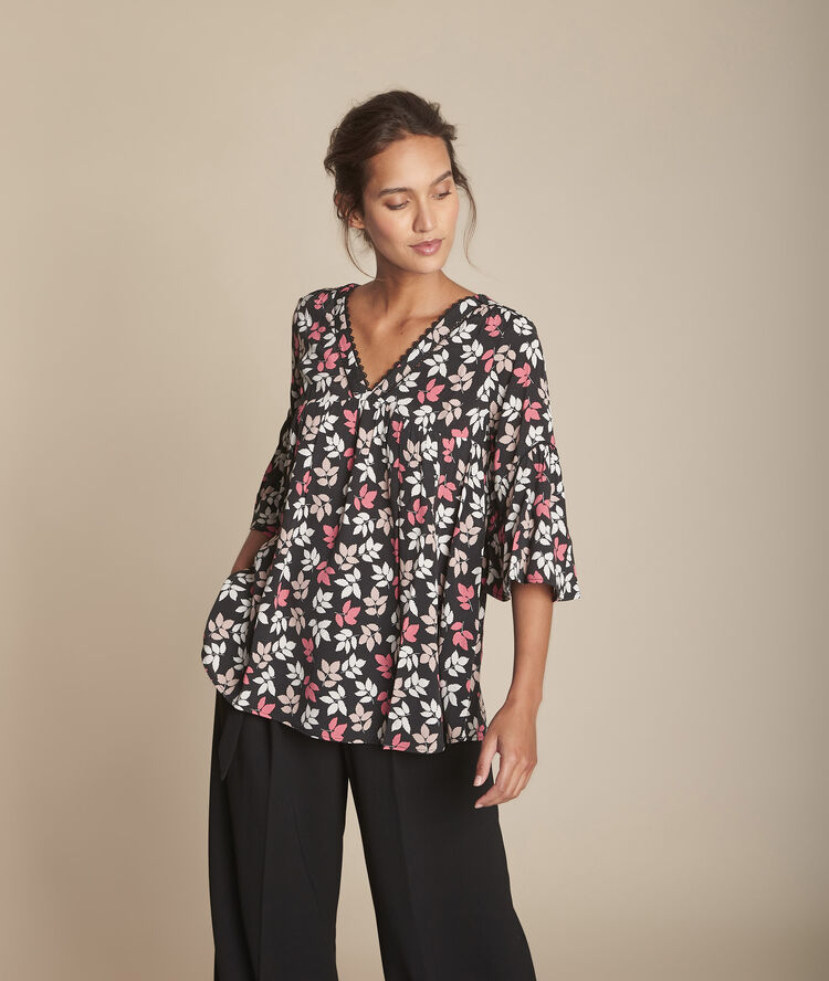 Zwarte blouse met print met blaadjes miami noir.