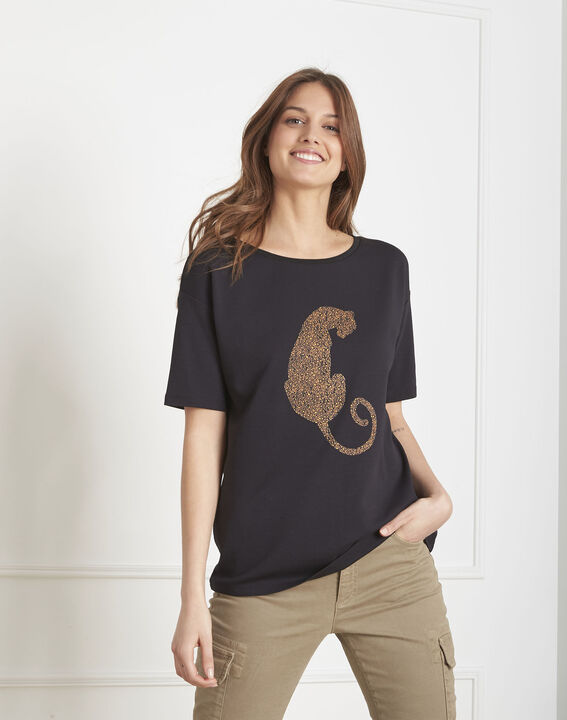 Tee-shirt noir imprimé panthère Piel | 1-2-3 Tee-shirt noir imprimé panthère Piel PhotoZ | 1-2-3