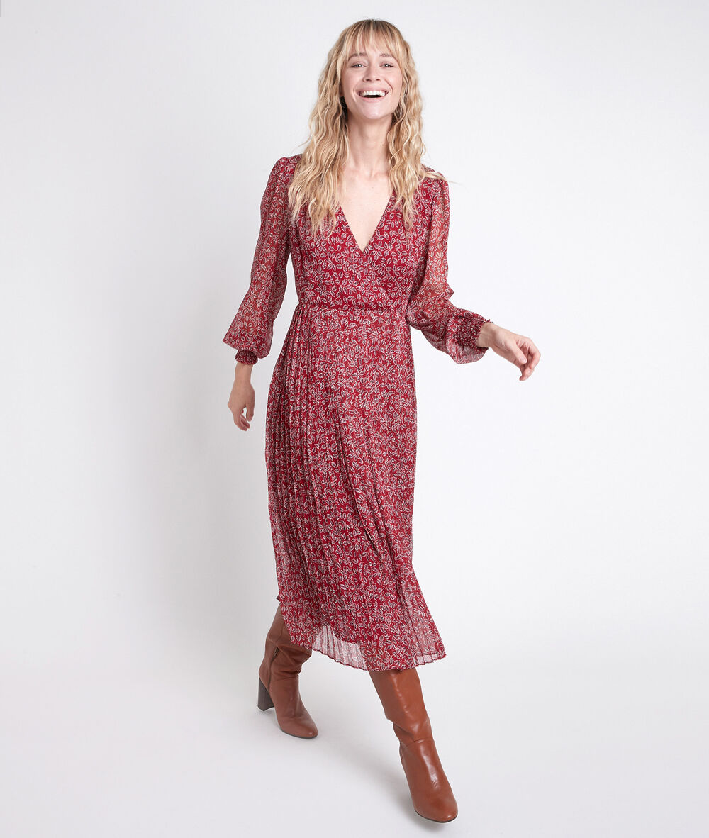 Rotes plissiertes kleid mit blumenprint caresse bourgogne.