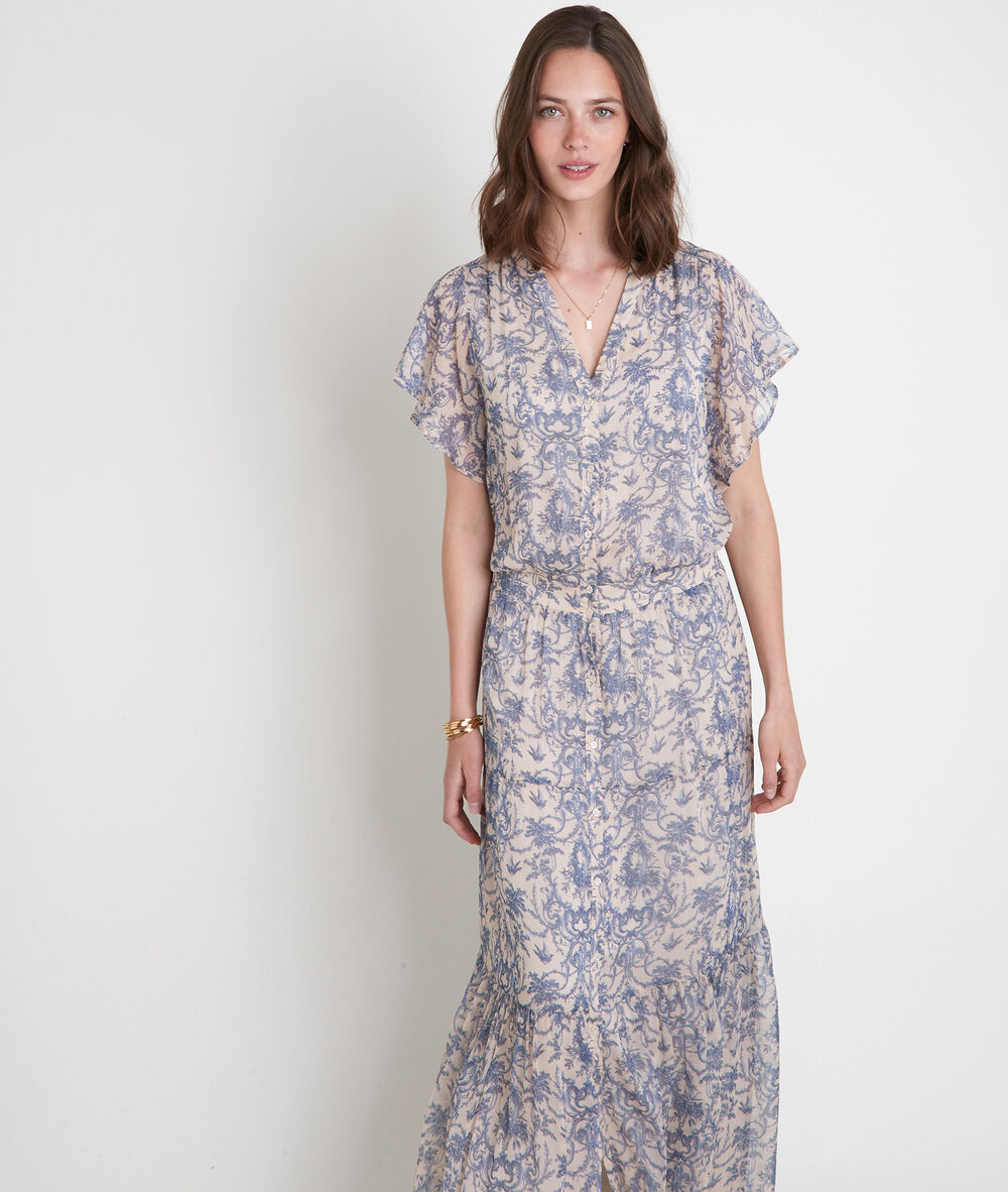 Robe longue imprimée bleu et blanc laiza ecru.
