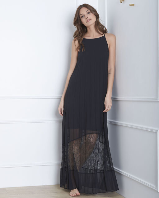 Robe noire plissée longue dentelle hedda noir.