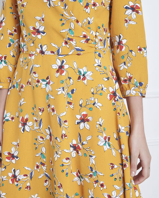 Robe jaune imprimé fleuri portefeuille laurene bouton d`or.