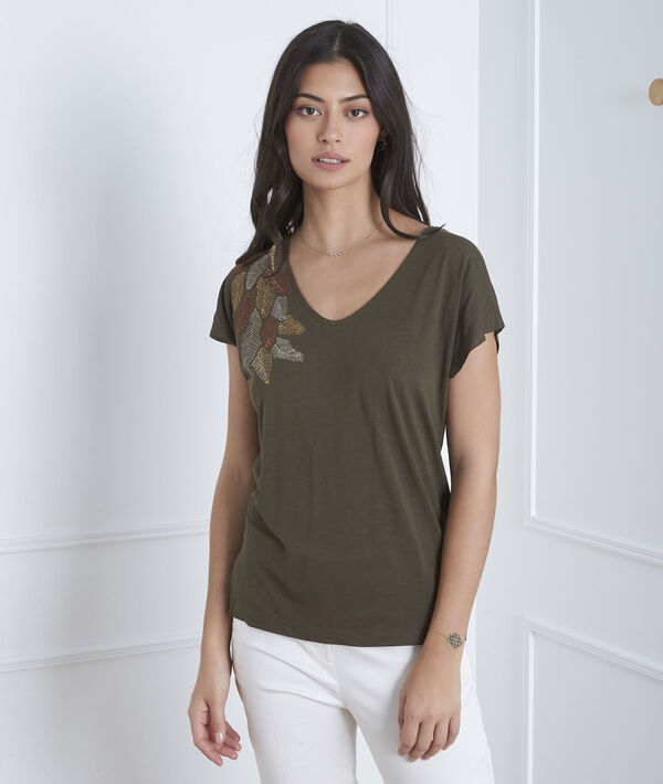 Khakifarbenes T-Shirt mit Feder-Stickerei Pandore | 1-2-3 Khakifarbenes T-Shirt mit Feder-Stickerei Pandore PhotoZ | 1-2-3