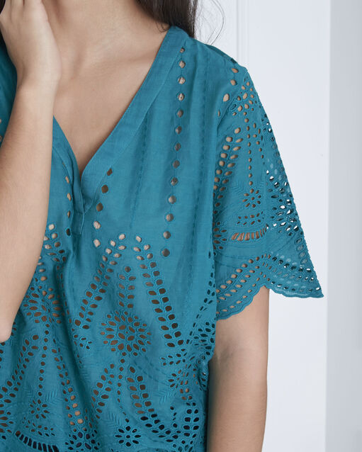 Blouse verte broderie anglaise voltaire turquoise.