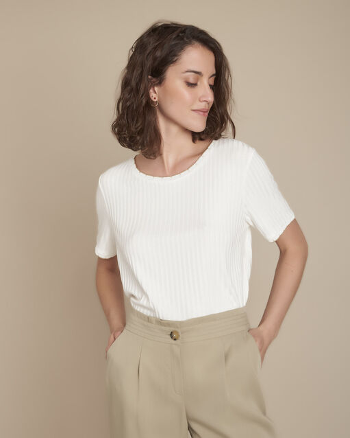 Ecrufarbenes t-shirt mit rippenstruktur und lurex-details, charlotte ecru.