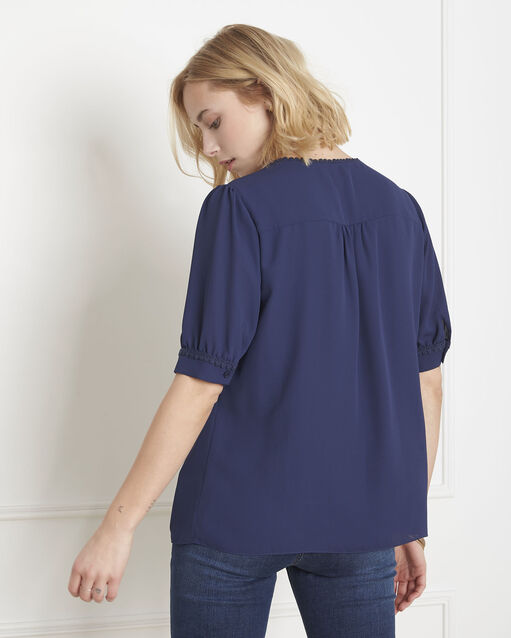 Blouse marine dentelle et plis ventura encre.