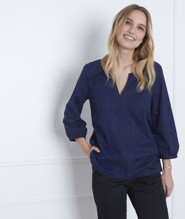 Marineblaue Bluse mit englischer Stickerei Verveine | 1-2-3 Marineblaue Bluse mit englischer Stickerei Verveine PhotoZ | 1-2-3