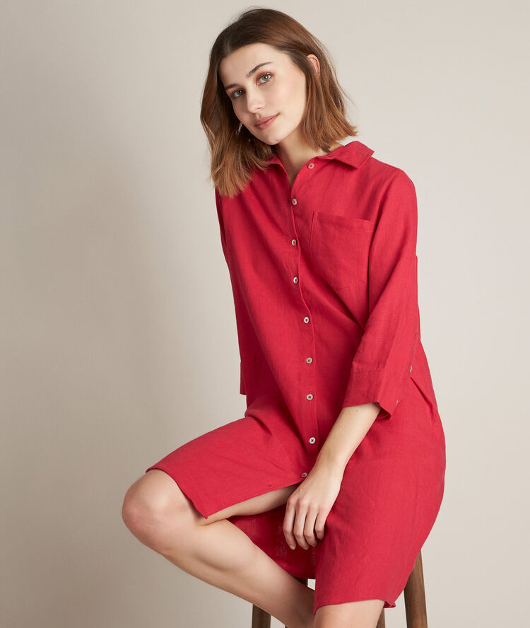 Robe chemise en lin c&eacute;line fuchsia fonce.