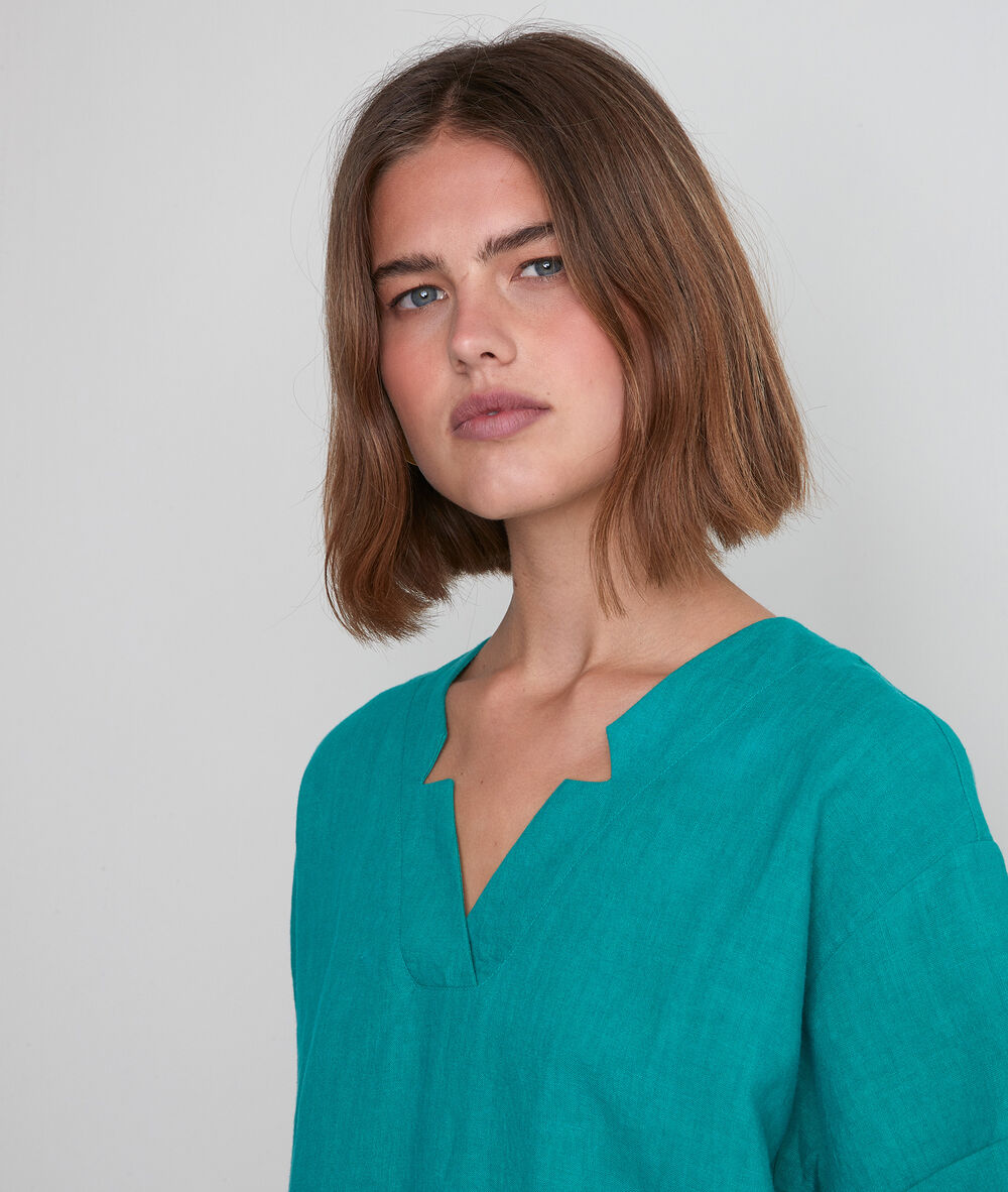 Robe en lin certifié verte lauria turquoise.