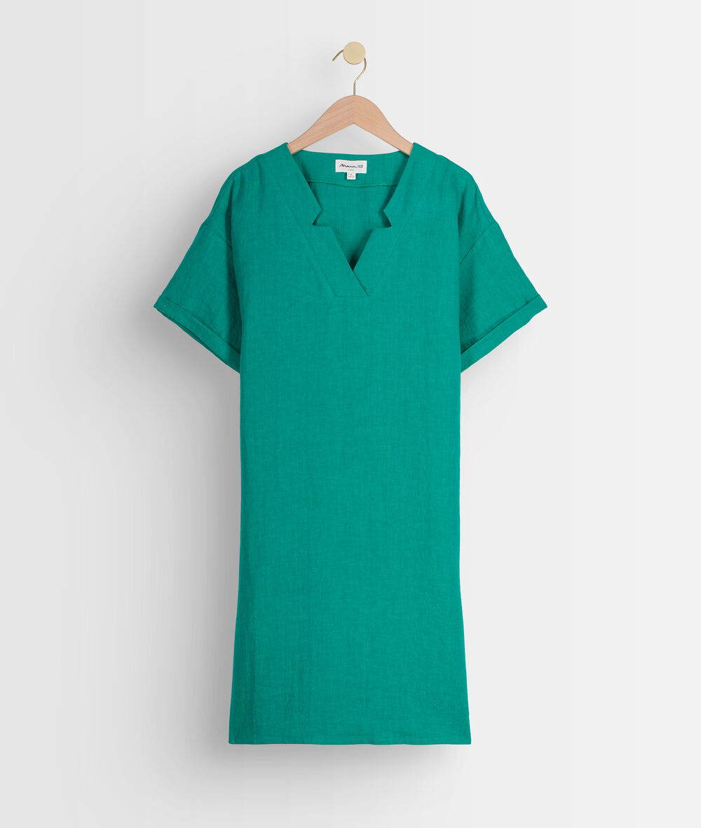 Robe en lin certifié verte lauria turquoise.