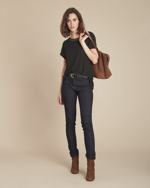 Schwarzes T-Shirt Leinen mit ausgefallenem Ausschnitt Panette (2) - Maison 123