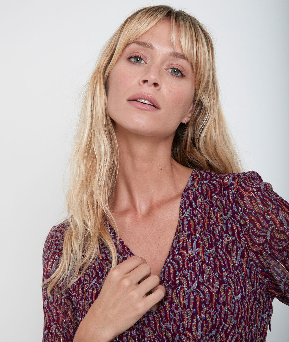 Robe longue imprimée claudine bis grenat.