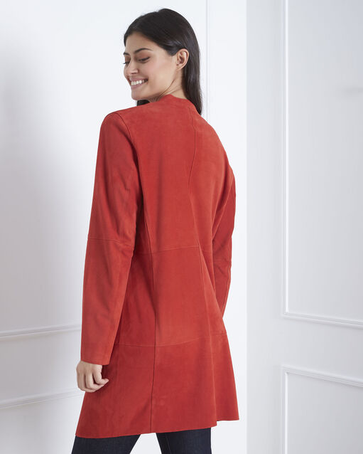 Manteau rouge col chale cuir velours dgaston orange.