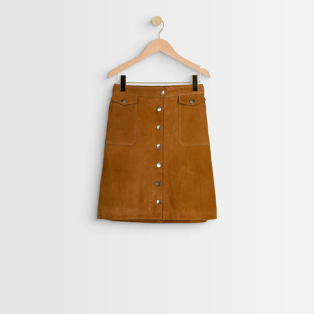 Jupe en cuir velours camel ambre camel clair.