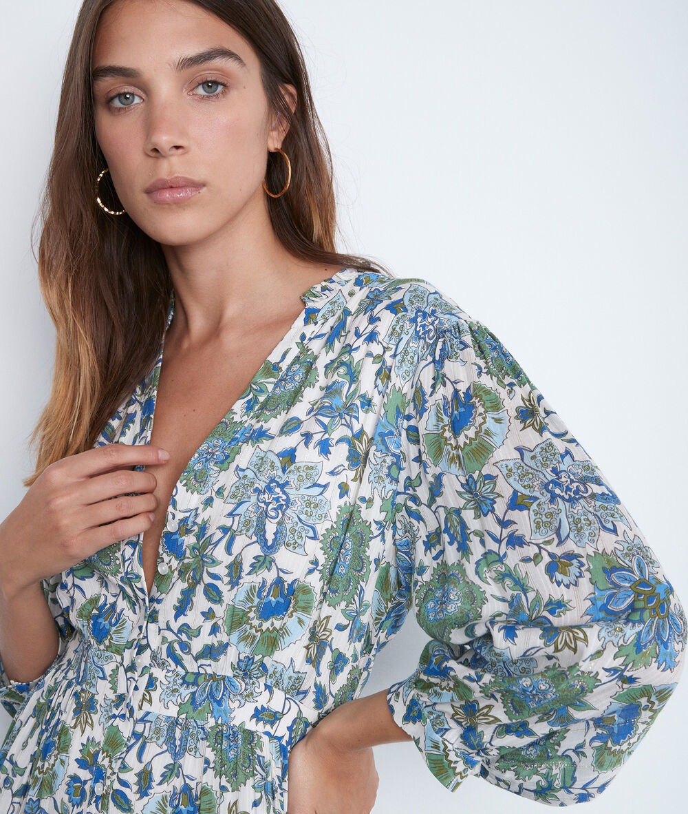 Robe longue bohème à l'imprimé floral bleu et vert carola ecru.