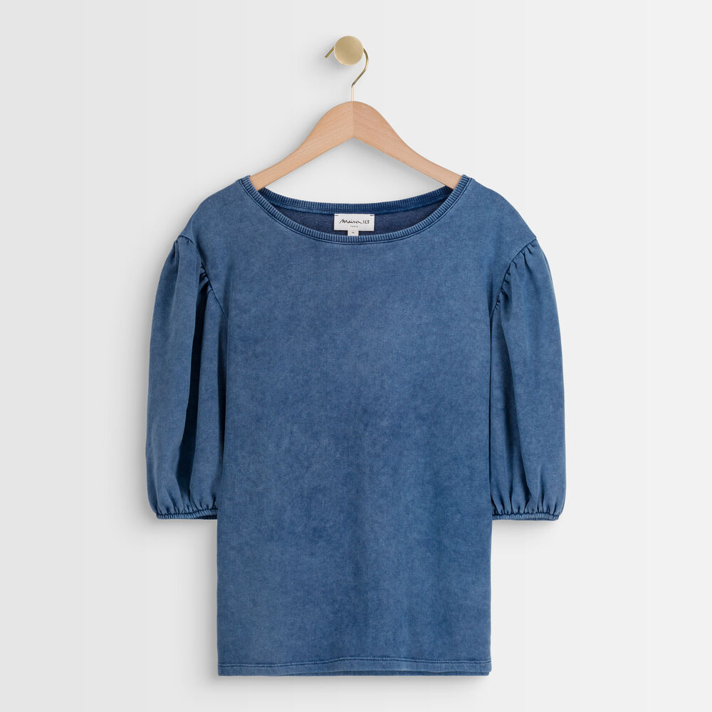 Top bleu à manches bouffantes inaya denim brut.