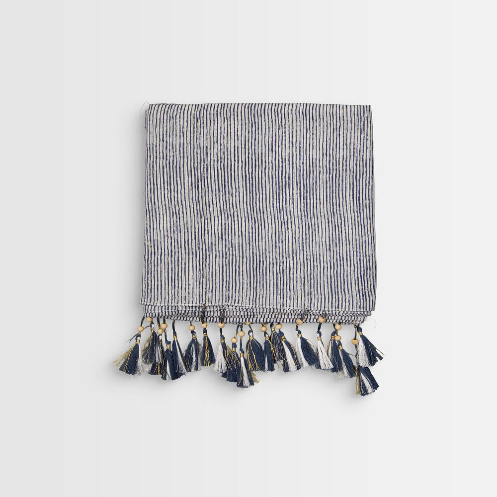 Foulard rayé bleu à franges bayron encre.