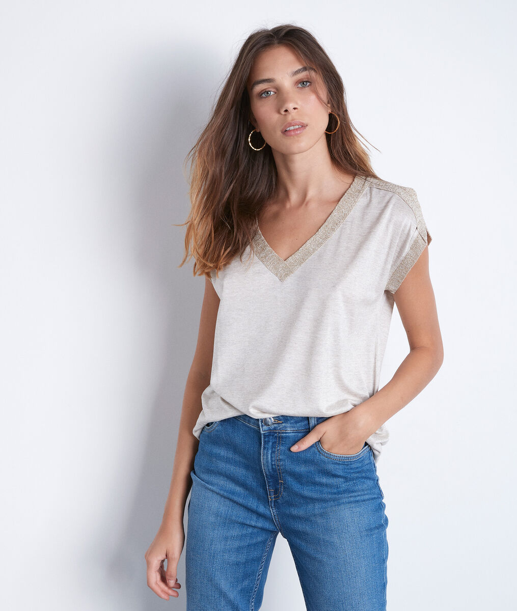 Tee-shirt beige col V Irene | 1-2-3 Tee-shirt beige col V Irene PhotoZ | 1-2-3