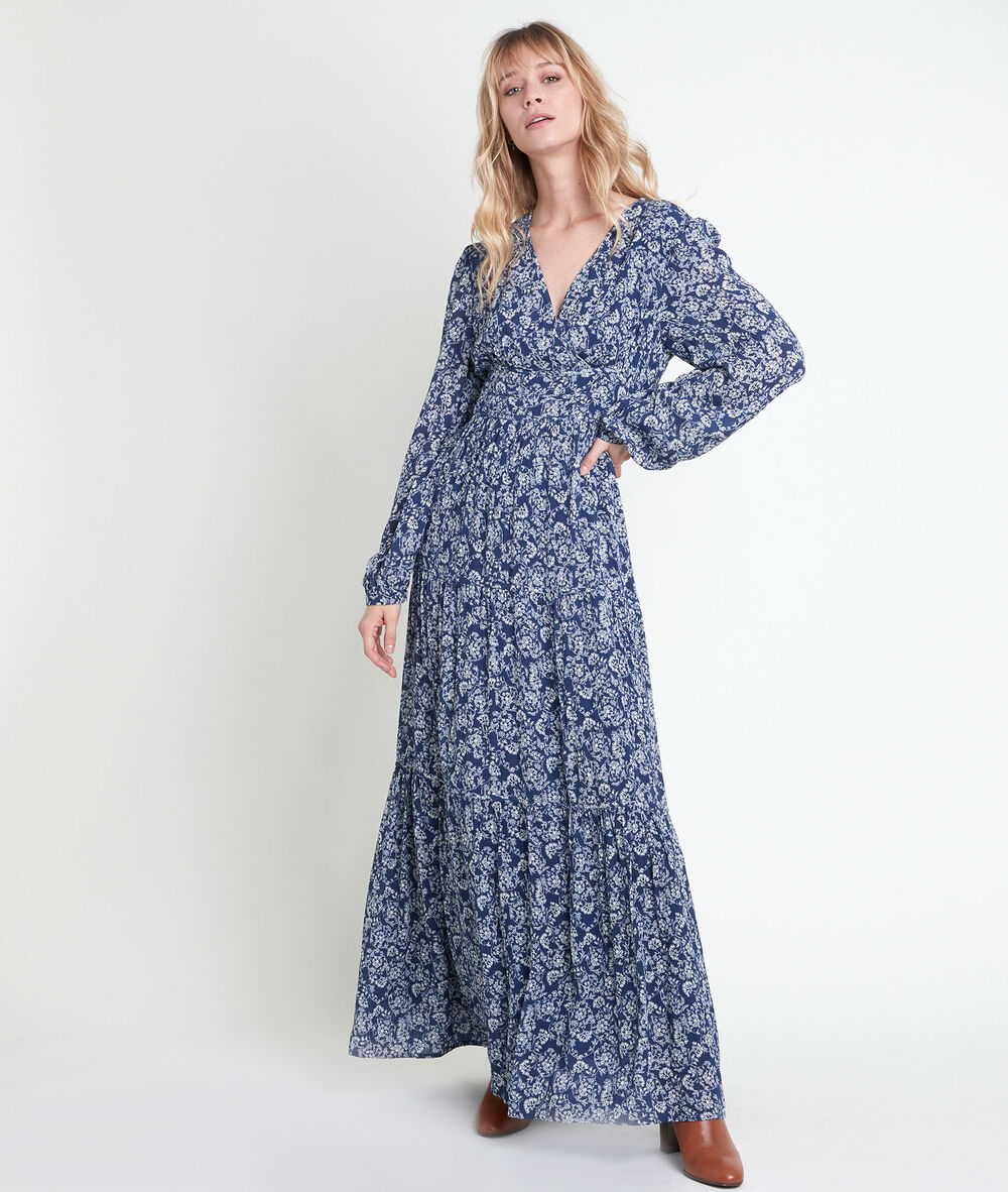 Robe longue imprim&eacute;e leonor marine.