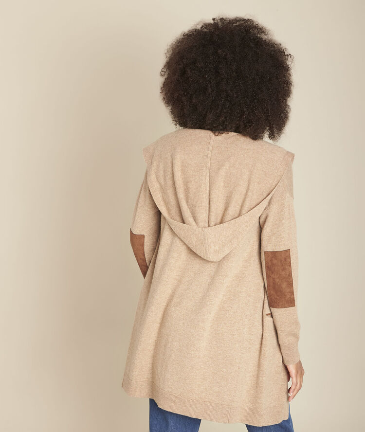 Gilet long en cachemire havane feuillage camel.