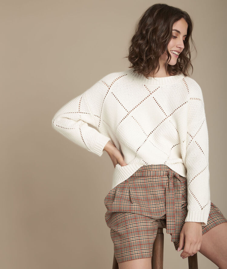 Pull maille ajourée fashion gris/blanc.