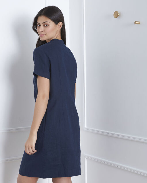 Robe marine encolure oeillets en lin lenie marine.