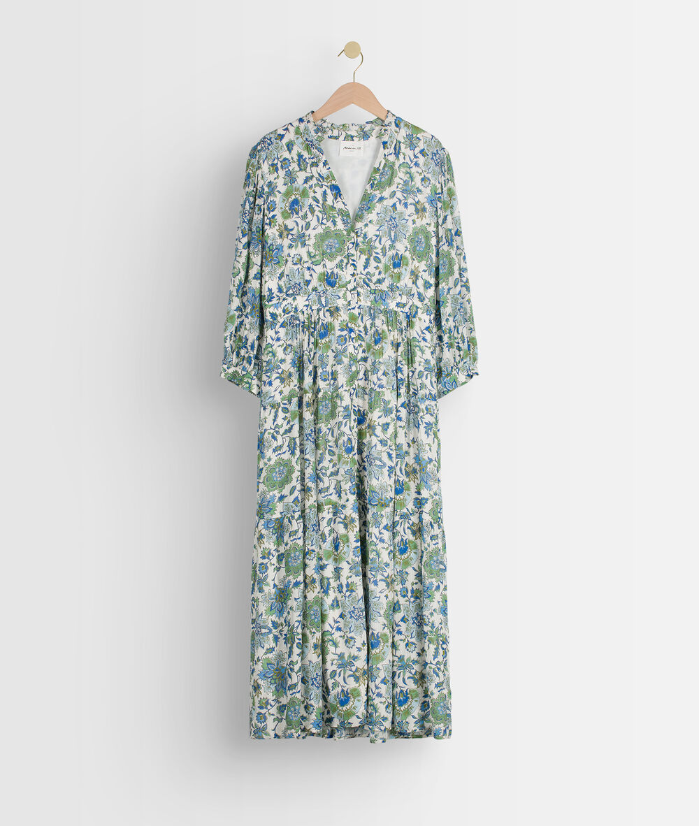 Robe longue bohème à l'imprimé floral bleu et vert carola ecru.