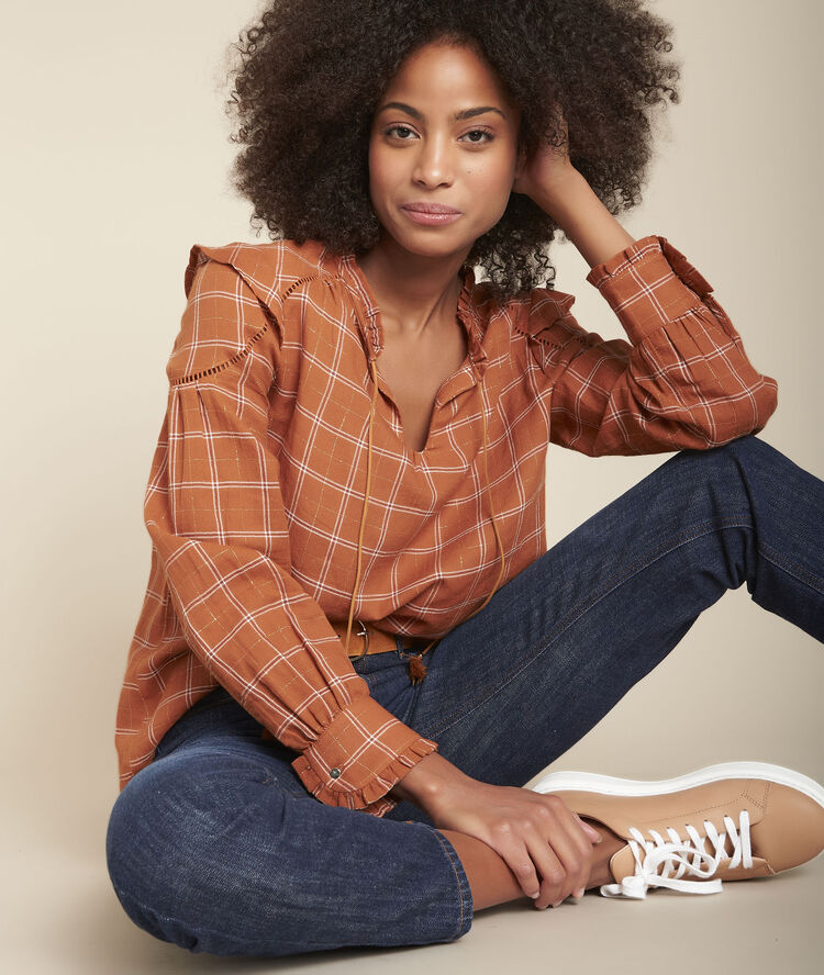 Geruite blouse mado caramel.