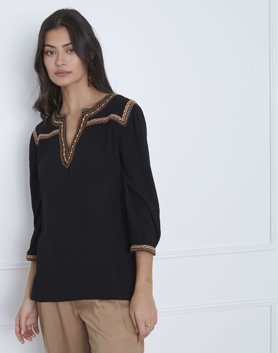 Blouse noire broderie ethnique Vita | 1-2-3 Blouse noire broderie ethnique Vita PhotoZ | 1-2-3