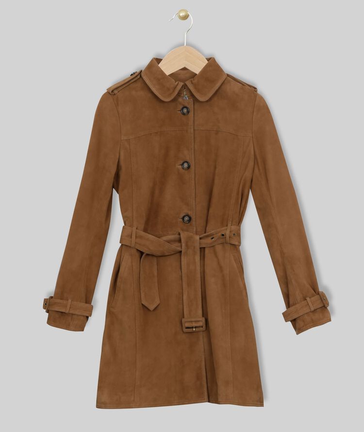 Trench havane en cuir velours qleo greige.