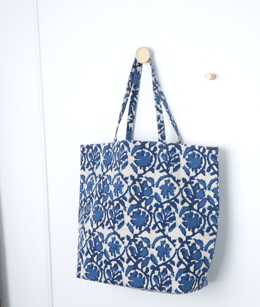 Grand cabas imprimé bleu en coton magnolia ecru.