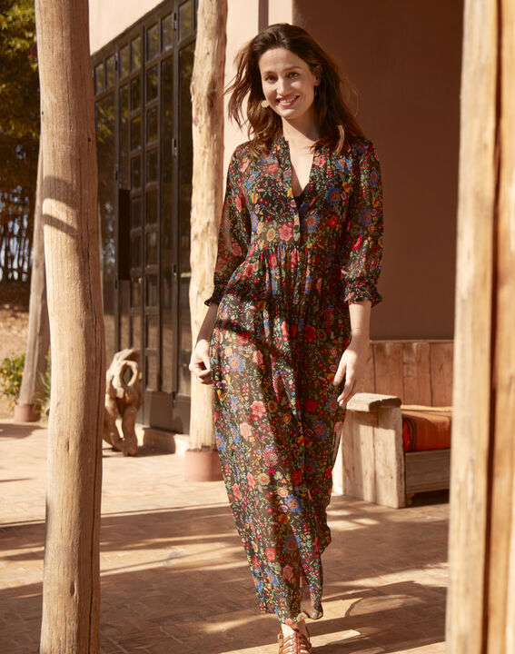 Robe noire longue imprimé fleuri Libra | 1-2-3 Robe noire longue imprimé fleuri Libra PhotoZ | 1-2-3