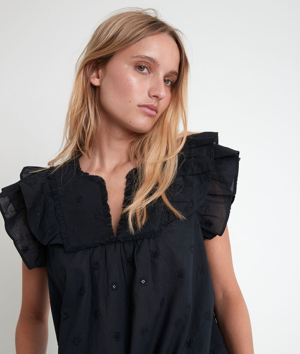 Blouse en coton biologique brodée tarin noir.
