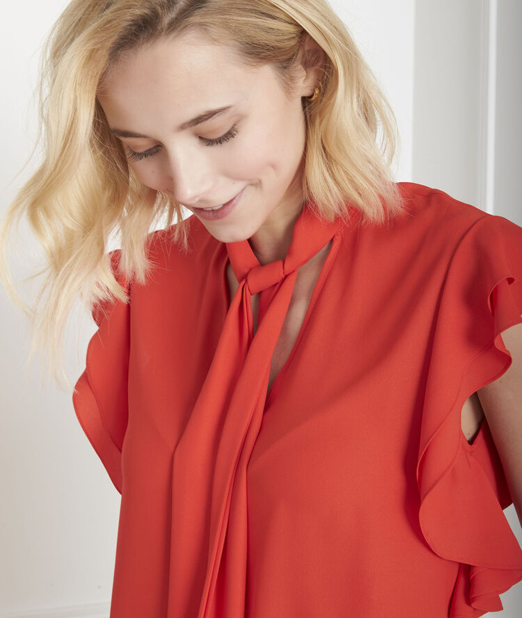 Rote bluse mit volant und plastronkragen valina orange.