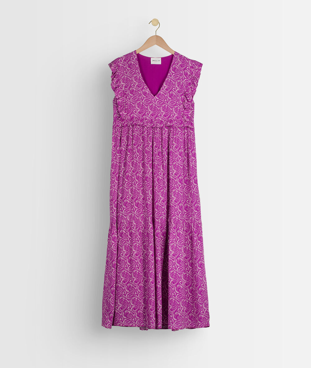 Robe longue imprimée violette lavande bougainvilliers.