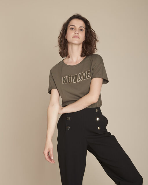 Kaki T-shirt met borduursel, tekst en kant Carthagene (1) - Maison 123