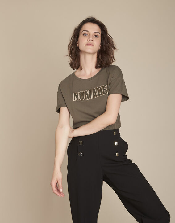 Tee-shirt kaki broderie message dentelle Carthagene | 1-2-3 Tee-shirt kaki broderie message dentelle Carthagene PhotoZ | 1-2-3