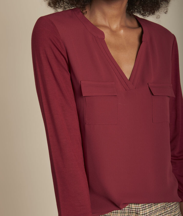Blouse uit twee materialen met tunesische kraag genna bordeaux.