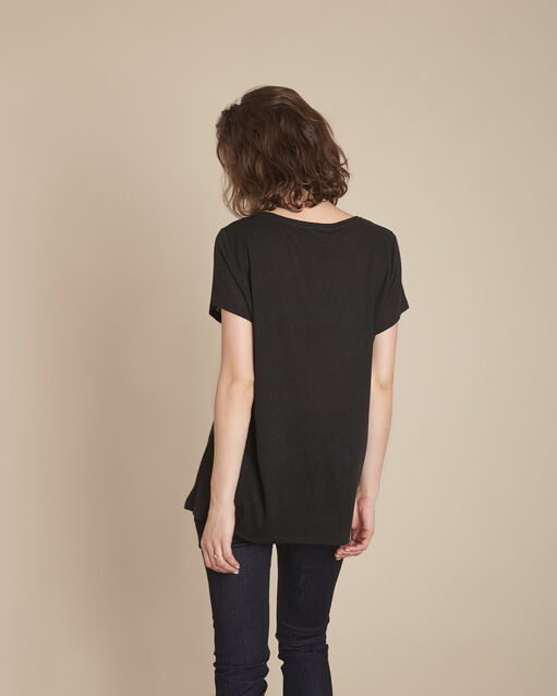 Tee-shirt noir en lin encolure fantaisie panette noir.