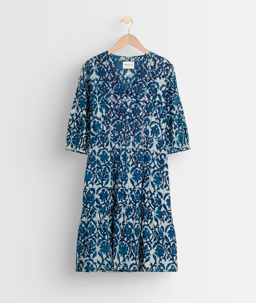 Robe courte imprimée bleue madeleine denim brut.