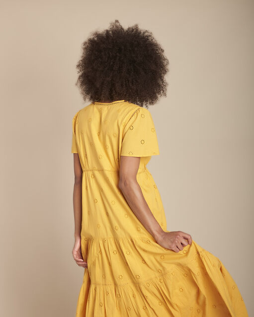 Robe jaune longue broderie anglaise lima bouton d`or.