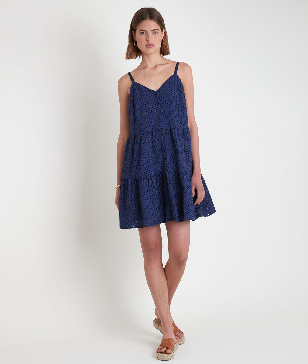 Robe mini à bretelles en broderie anglaise marine Samia | 1-2-3 Robe mini à bretelles en broderie anglaise marine Samia PhotoZ | 1-2-3