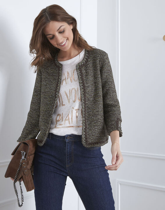 Gilet kaki maille fantaisie Amour | 1-2-3 Gilet kaki maille fantaisie Amour PhotoZ | 1-2-3