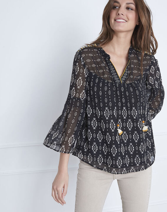 Blouse noire à motifs fantaisie Victoria | 1-2-3 Blouse noire à motifs fantaisie Victoria PhotoZ | 1-2-3